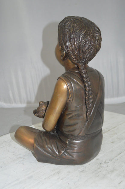 Sitting Girl with Bear Bronze Statue - Size: 13"L x 12"W x 15"Hss.