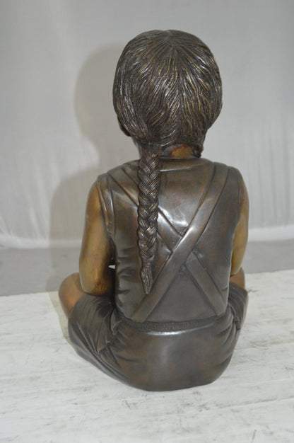 Sitting Girl with Bear Bronze Statue - Size: 13"L x 12"W x 15"Hss.