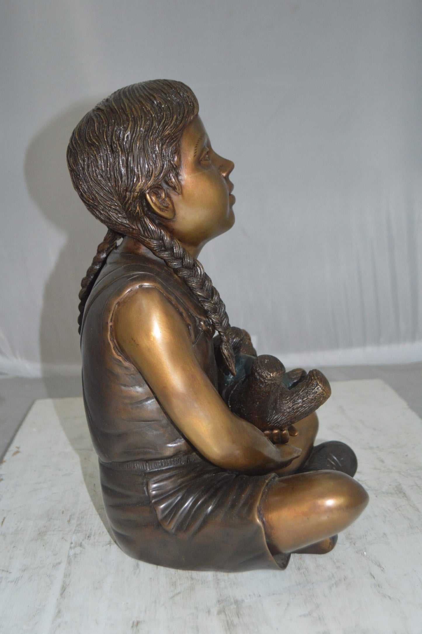 Sitting Girl with Bear Bronze Statue - Size: 13"L x 12"W x 15"Hss.