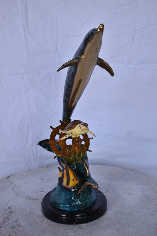 Dolphin with A Turtle, Anchor and Fish Bronze Statue - Size: 6"L x 10"W x 19"H.