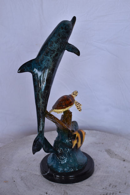 Dolphin with A Turtle, Anchor and Fish Bronze Statue - Size: 6"L x 10"W x 19"H.