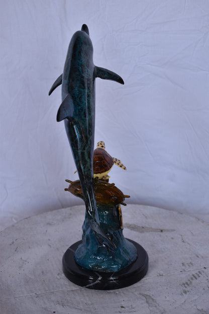 Dolphin with A Turtle, Anchor and Fish Bronze Statue - Size: 6"L x 10"W x 19"H.