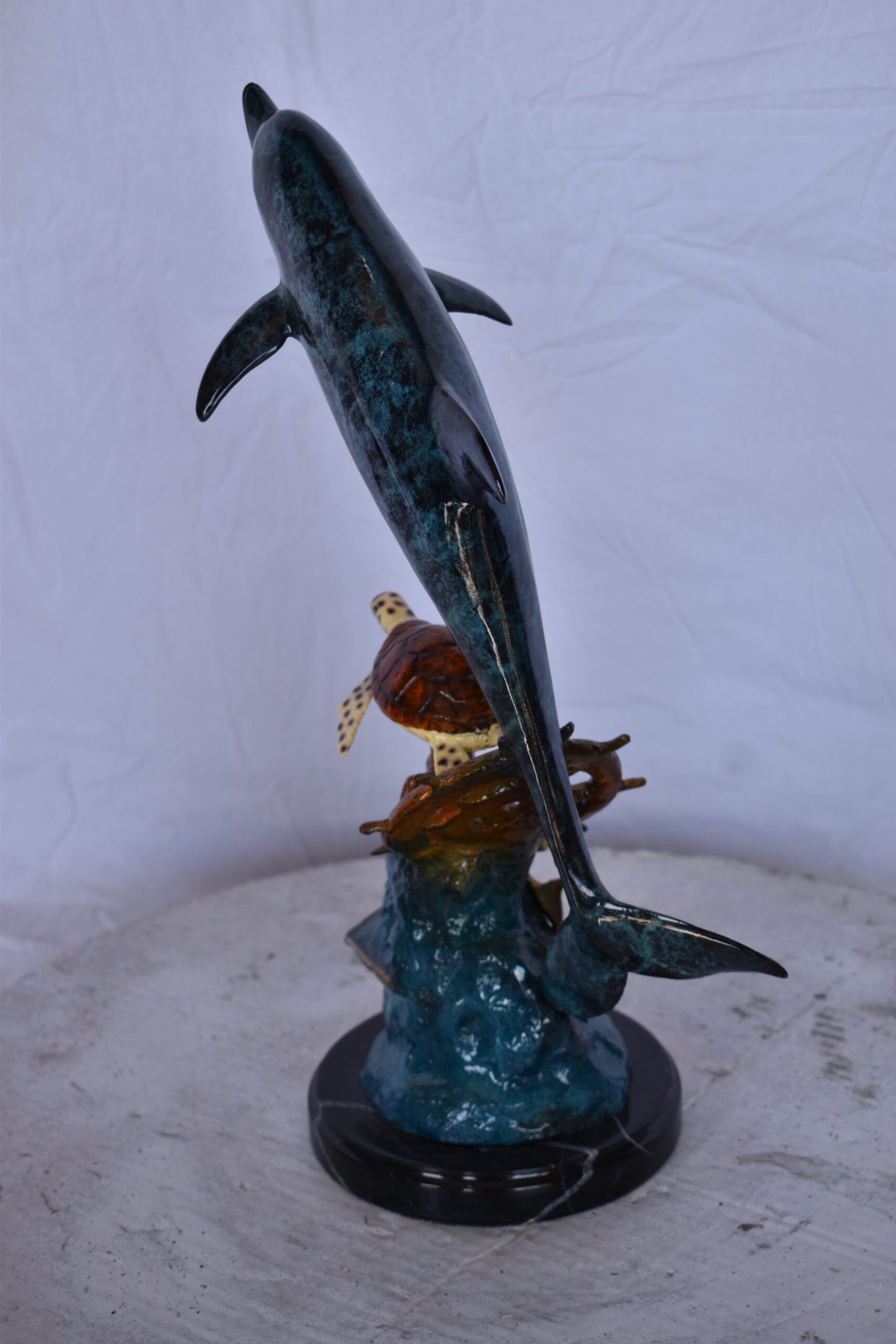 Dolphin with A Turtle, Anchor and Fish Bronze Statue - Size: 6"L x 10"W x 19"H.