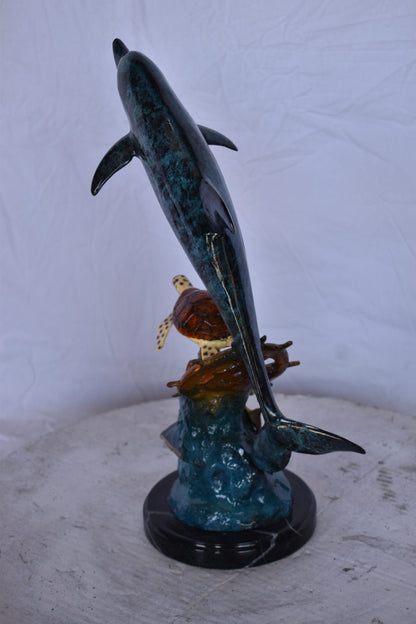 Dolphin with A Turtle, Anchor and Fish Bronze Statue - Size: 6"L x 10"W x 19"H.