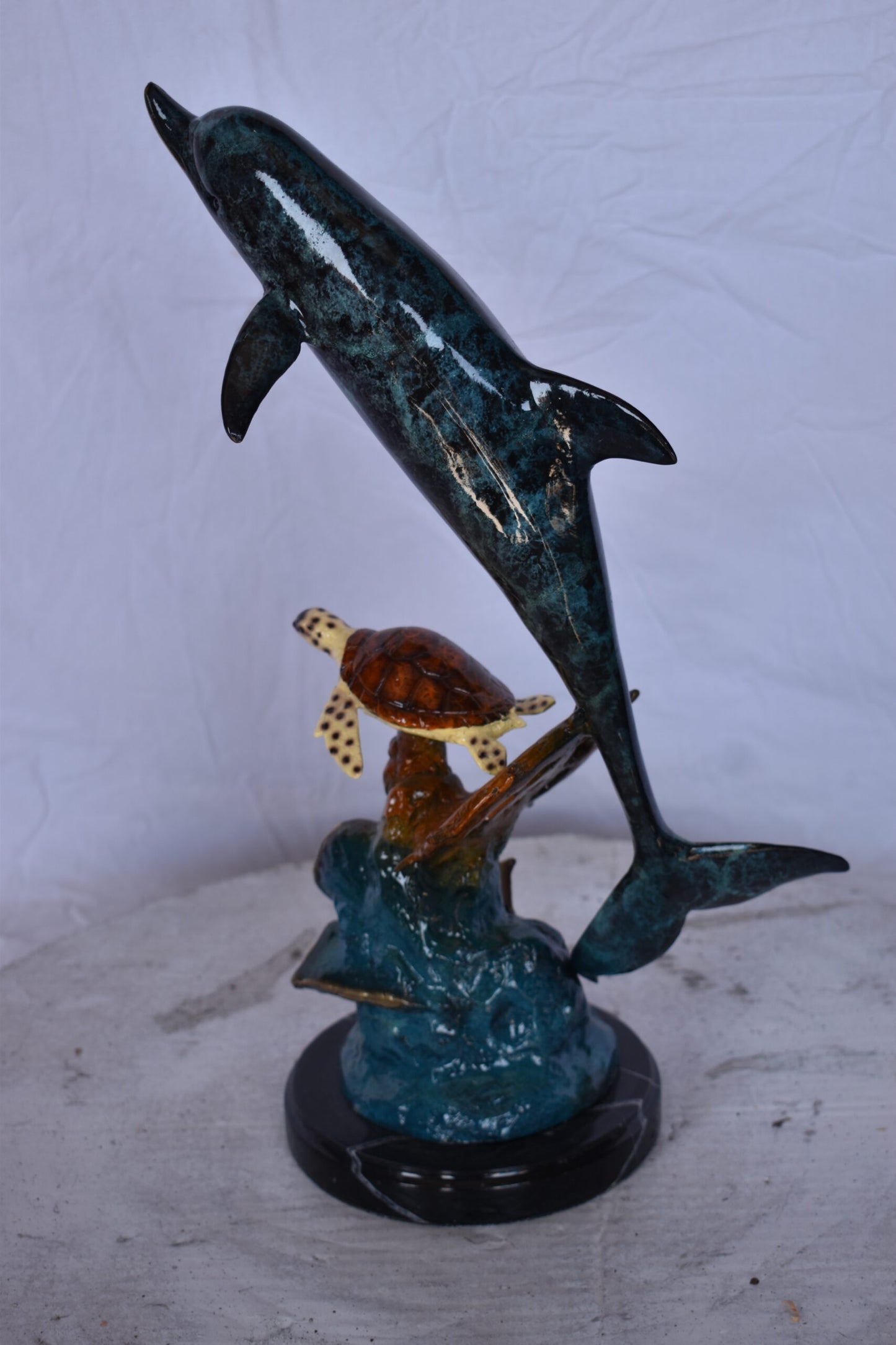 Dolphin with A Turtle, Anchor and Fish Bronze Statue - Size: 6"L x 10"W x 19"H.