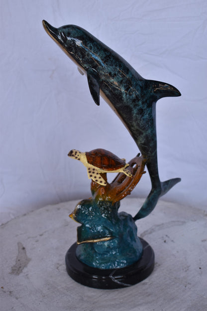 Dolphin with A Turtle, Anchor and Fish Bronze Statue - Size: 6"L x 10"W x 19"H.