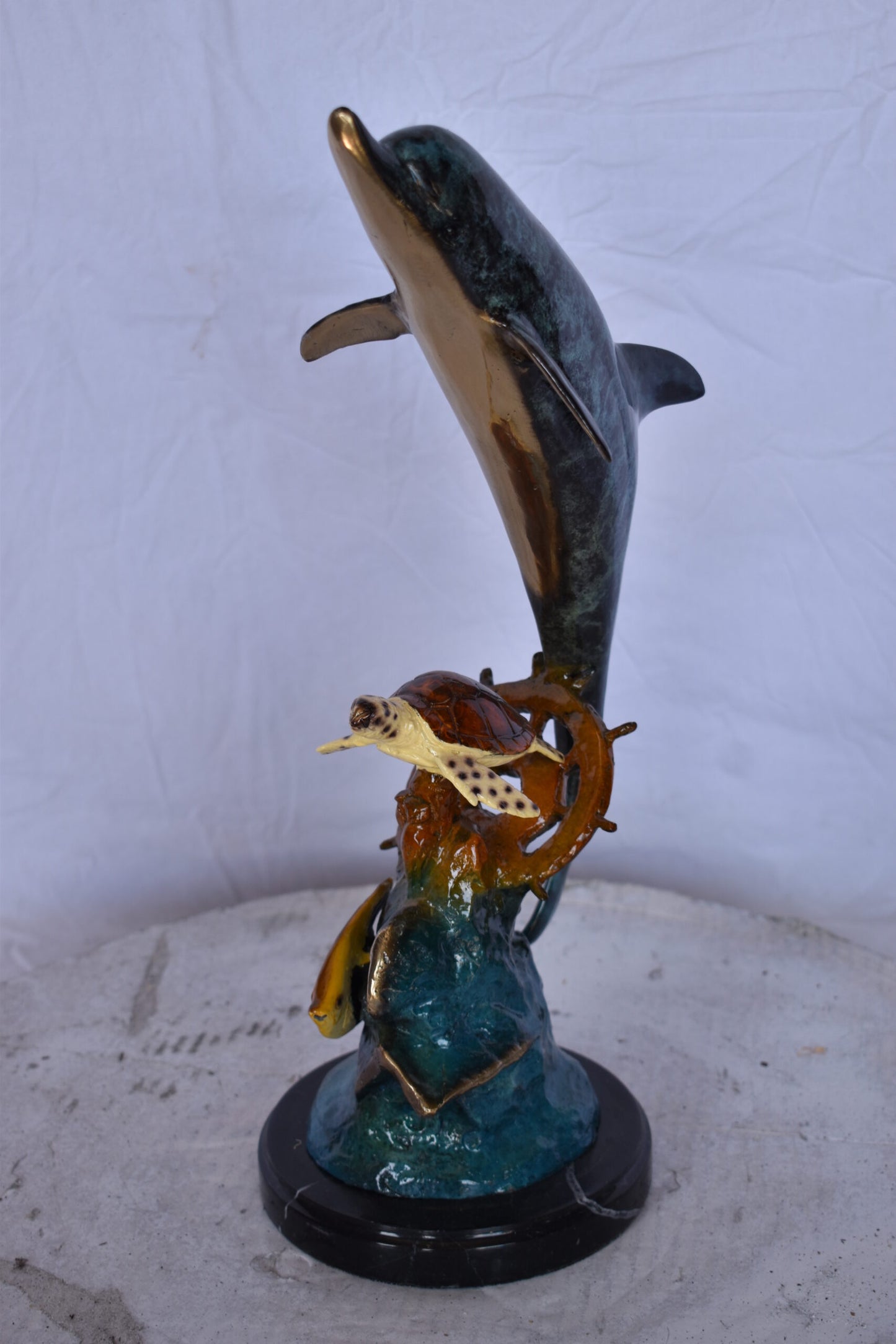 Dolphin with A Turtle, Anchor and Fish Bronze Statue - Size: 6"L x 10"W x 19"H.