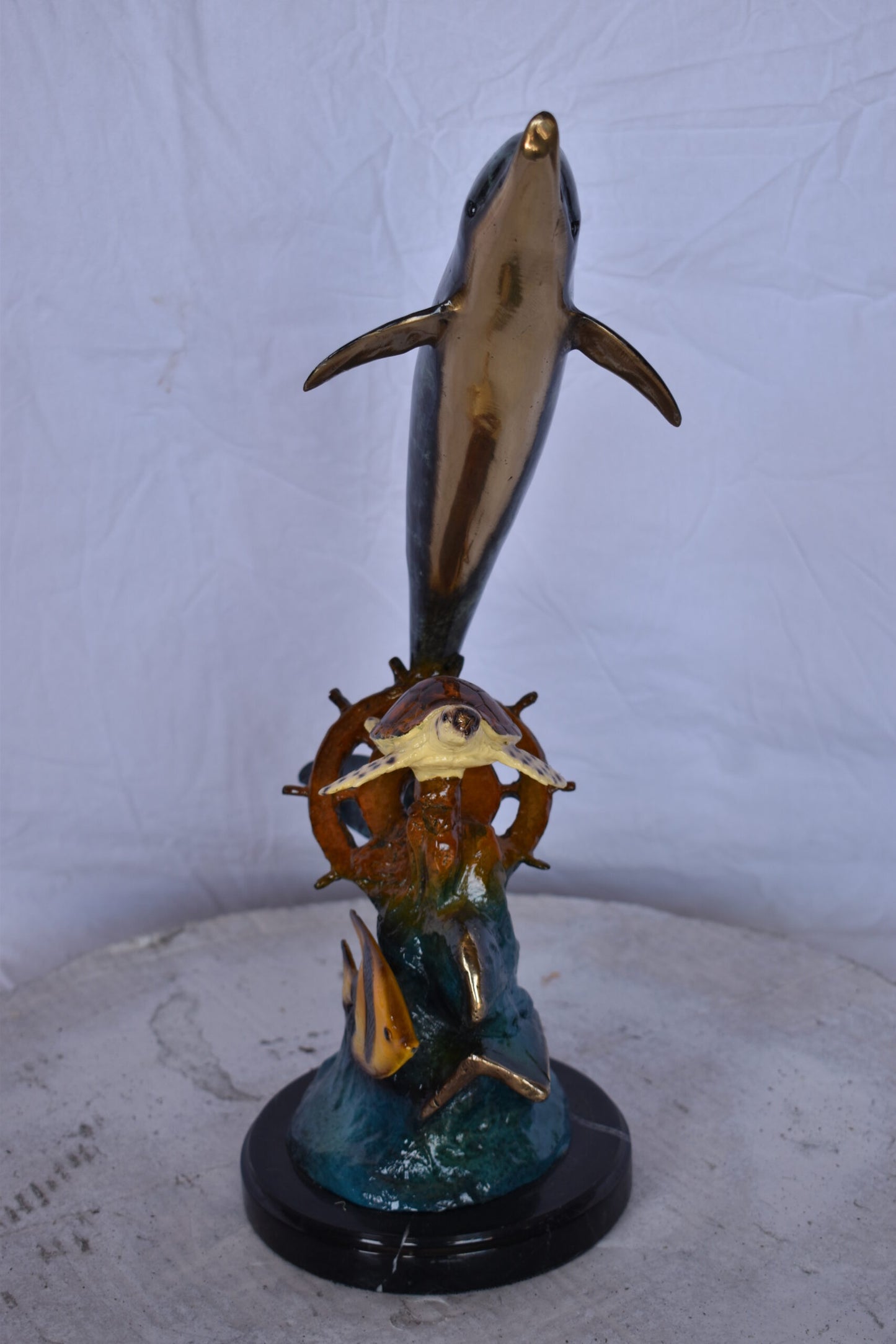 Dolphin with A Turtle, Anchor and Fish Bronze Statue - Size: 6"L x 10"W x 19"H.