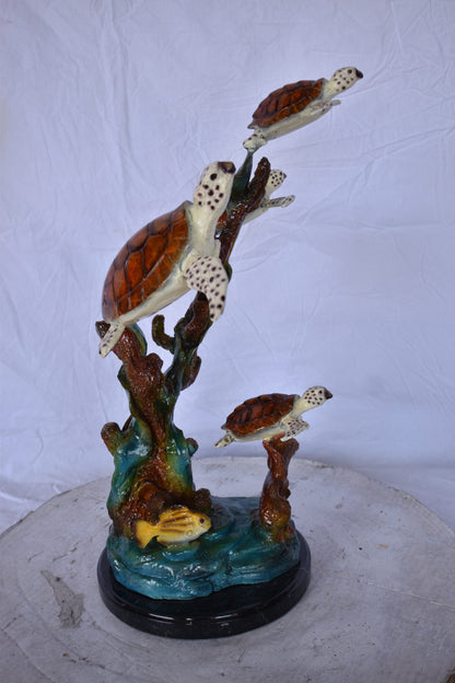 Four Turtles with Fish Bronze Statue on A Marble Base - Size: 16" x 12" x 22"H.