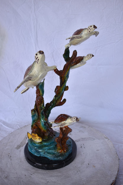 Four Turtles with Fish Bronze Statue on A Marble Base - Size: 16" x 12" x 22"H.