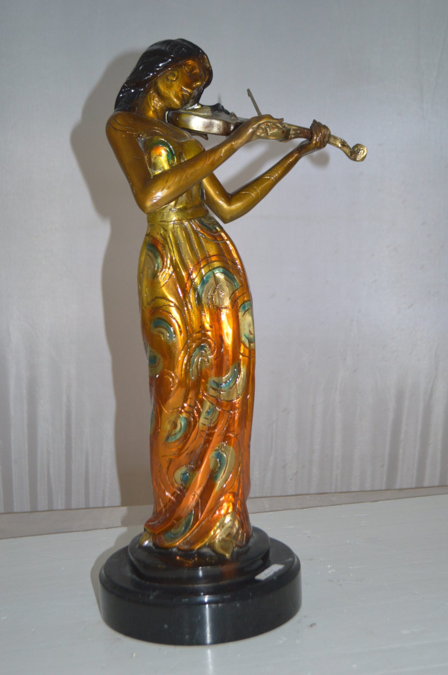Girl Playing the violin Bronze Statue -  Size: 10"L x 7"W x 19"H.