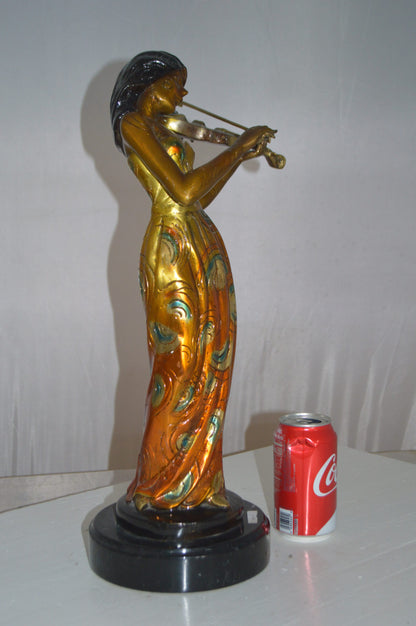 Girl Playing the violin Bronze Statue -  Size: 10"L x 7"W x 19"H.