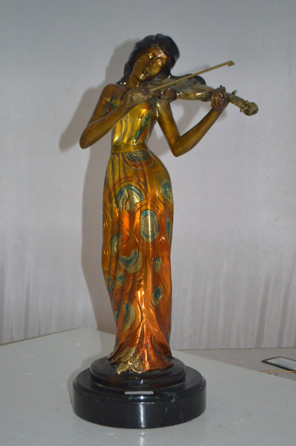Girl Playing the violin Bronze Statue -  Size: 10"L x 7"W x 19"H.
