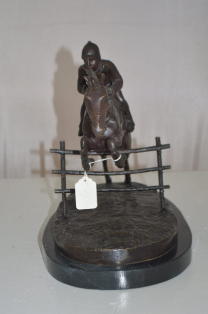 Jockey With Horse Jumping Over Hurdle Bronze Statue -  Size: 14"L x 9"W x 13"H.