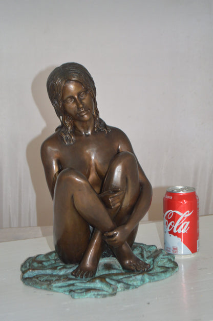 Sitting Art Nude Girl Bronze Statue -  Size: 12"L x 10"W x 14"H.