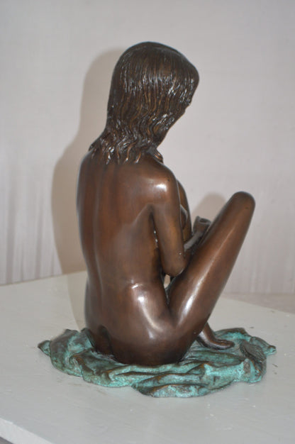 Sitting Art Nude Girl Bronze Statue -  Size: 12"L x 10"W x 14"H.