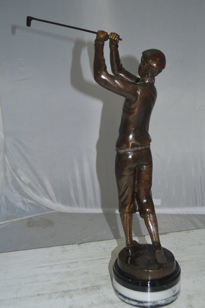 Golfer on Marble Bronze Statue -  Size: 8"L x 8"W x 22"H.