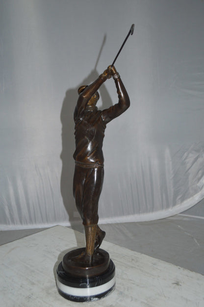 Golfer on Marble Bronze Statue -  Size: 8"L x 8"W x 22"H.