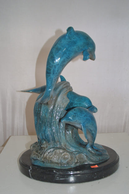 Three Jumping  Dolphins Bronze Statue -  Size: 15"L x 13"W x 18"H.