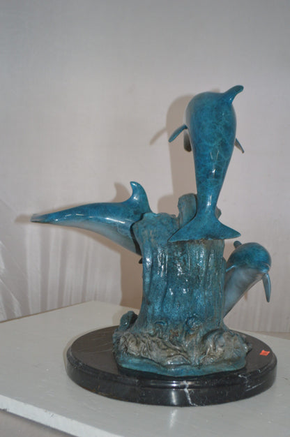 Three Jumping  Dolphins Bronze Statue -  Size: 15"L x 13"W x 18"H.