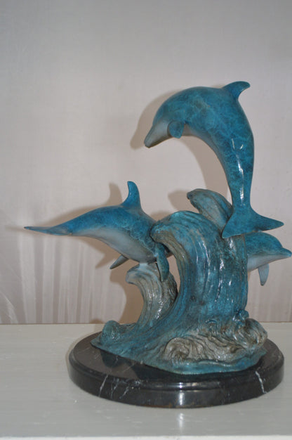 Three Jumping  Dolphins Bronze Statue -  Size: 15"L x 13"W x 18"H.
