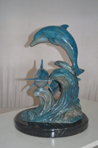 Three Jumping  Dolphins Bronze Statue -  Size: 15"L x 13"W x 18"H.
