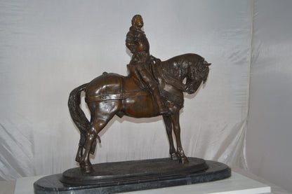 Man on his Horse Bronze Statue -  Size: 30"L x 10"W x 25"H.