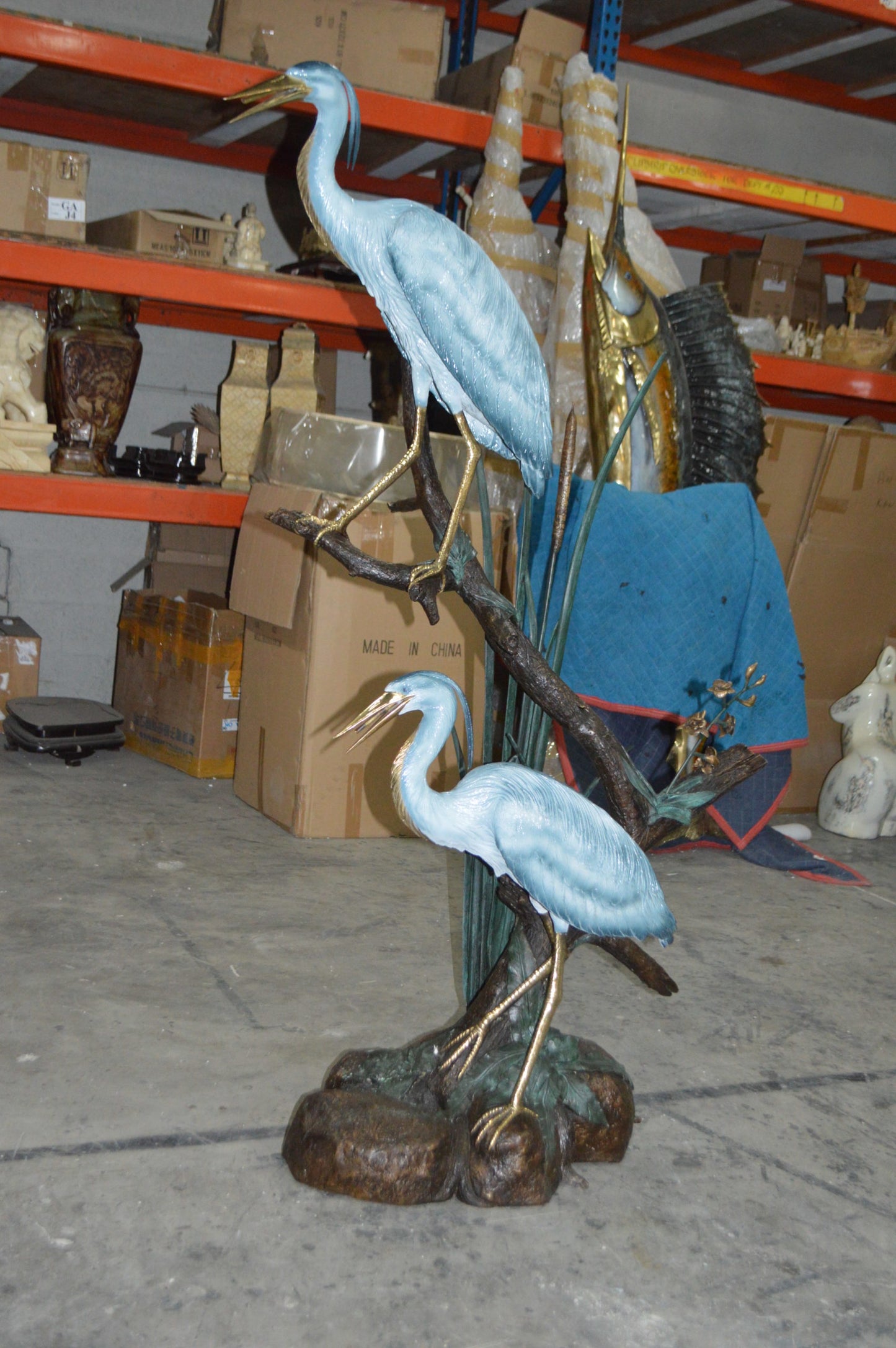 Two Large Cranes Fountain Bronze Statue -  Size: 36"L x 21"W x 64"H.