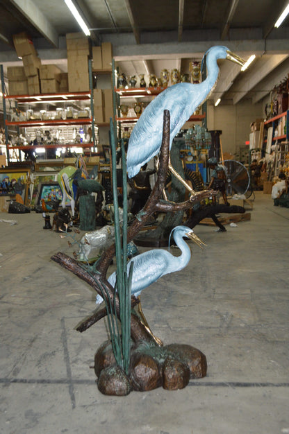 Two Large Cranes Fountain Bronze Statue -  Size: 36"L x 21"W x 64"H.