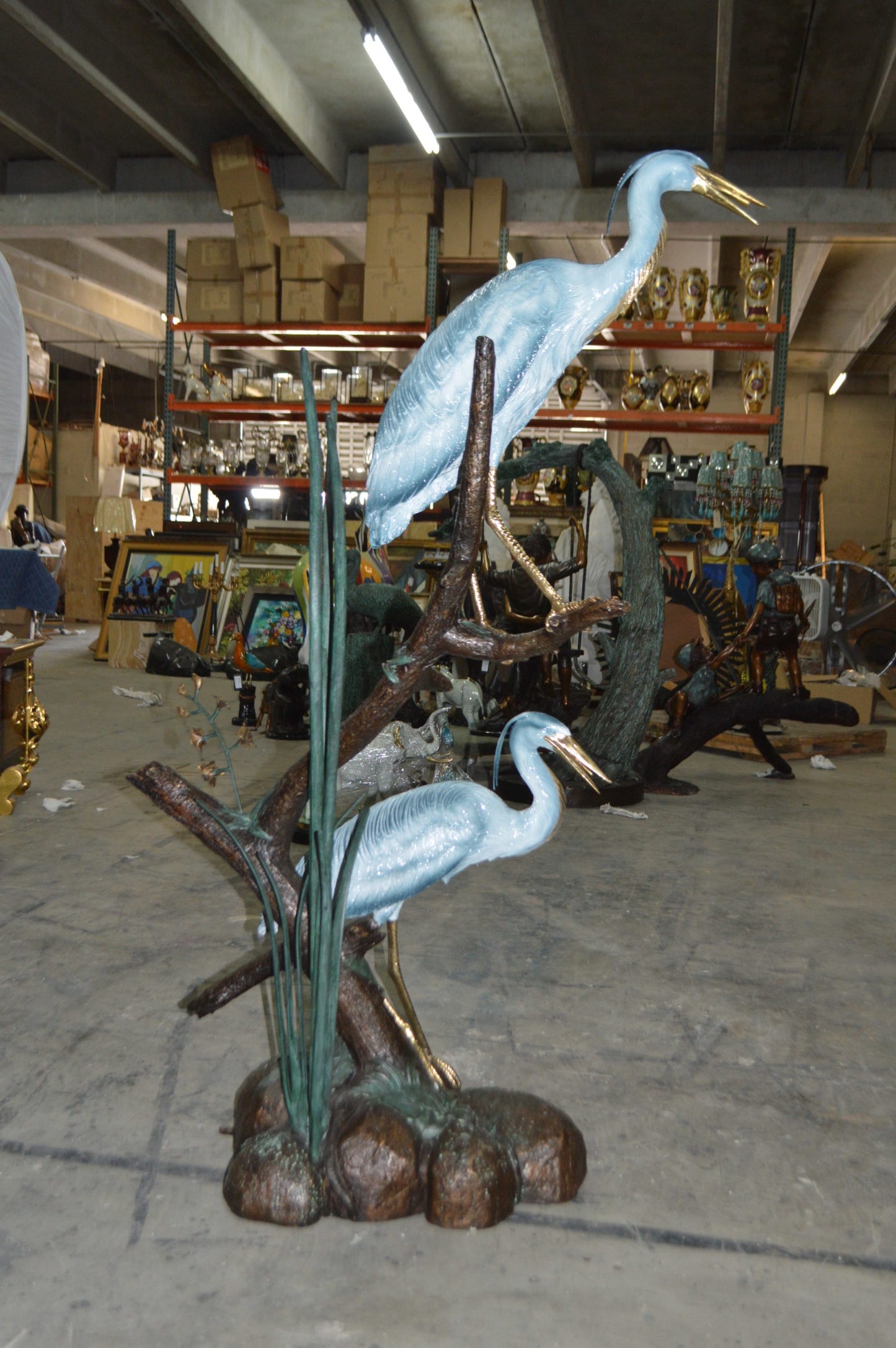 Two Large Cranes Fountain Bronze Statue -  Size: 36"L x 21"W x 64"H.