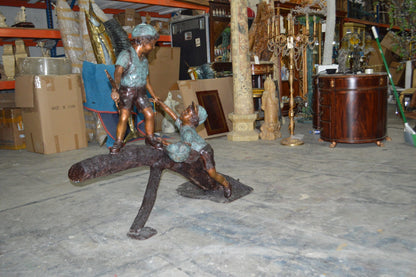 Two Boys Fishing on Tree Log Bronze Fountain -  Size: 53"L x 25"W x 47"H.