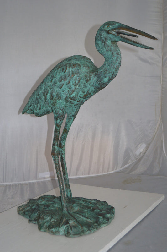 Heron Fountain Bronze Statue -  Size: 14"L x 24"W x 26"H.