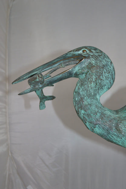 Heron Fountain with Prey Bronze Statue -  Size: 14"L x 24"W x 26"H.