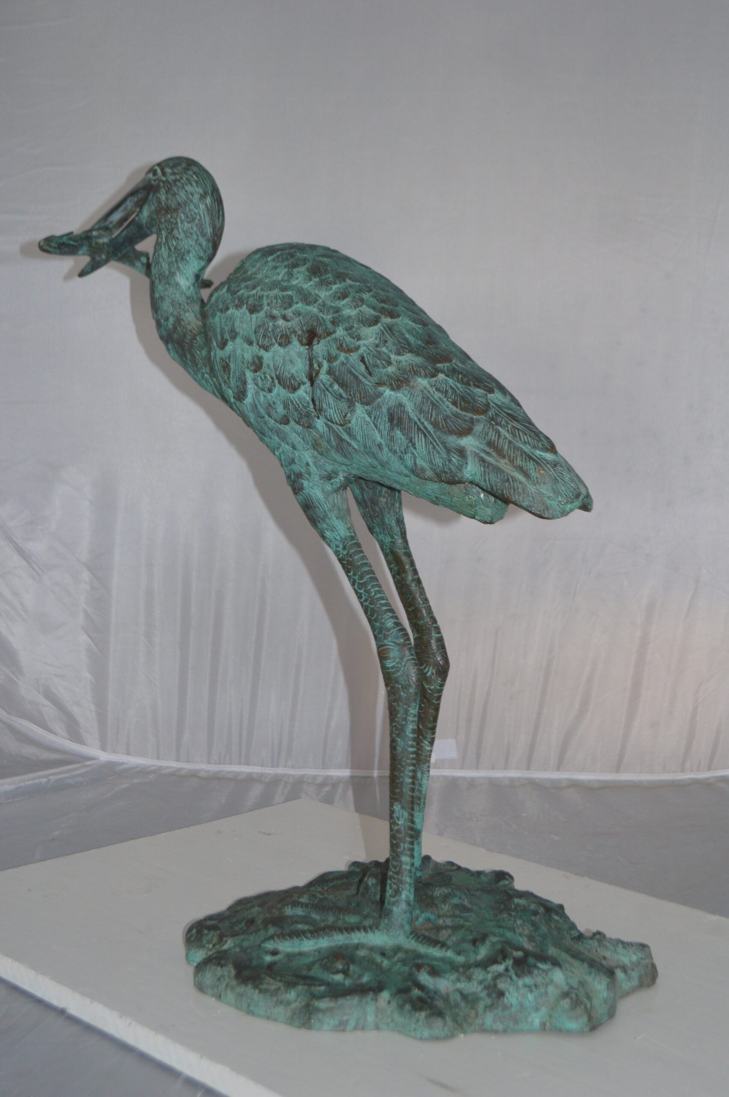 Heron Fountain with Prey Bronze Statue -  Size: 14"L x 24"W x 26"H.