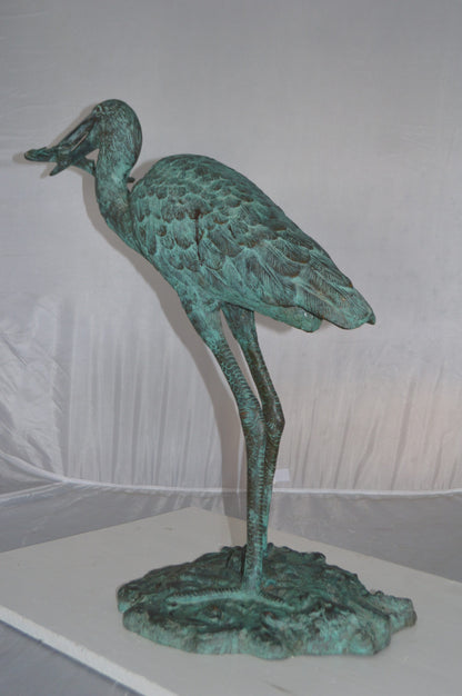 Heron Fountain with Prey Bronze Statue -  Size: 14"L x 24"W x 26"H.