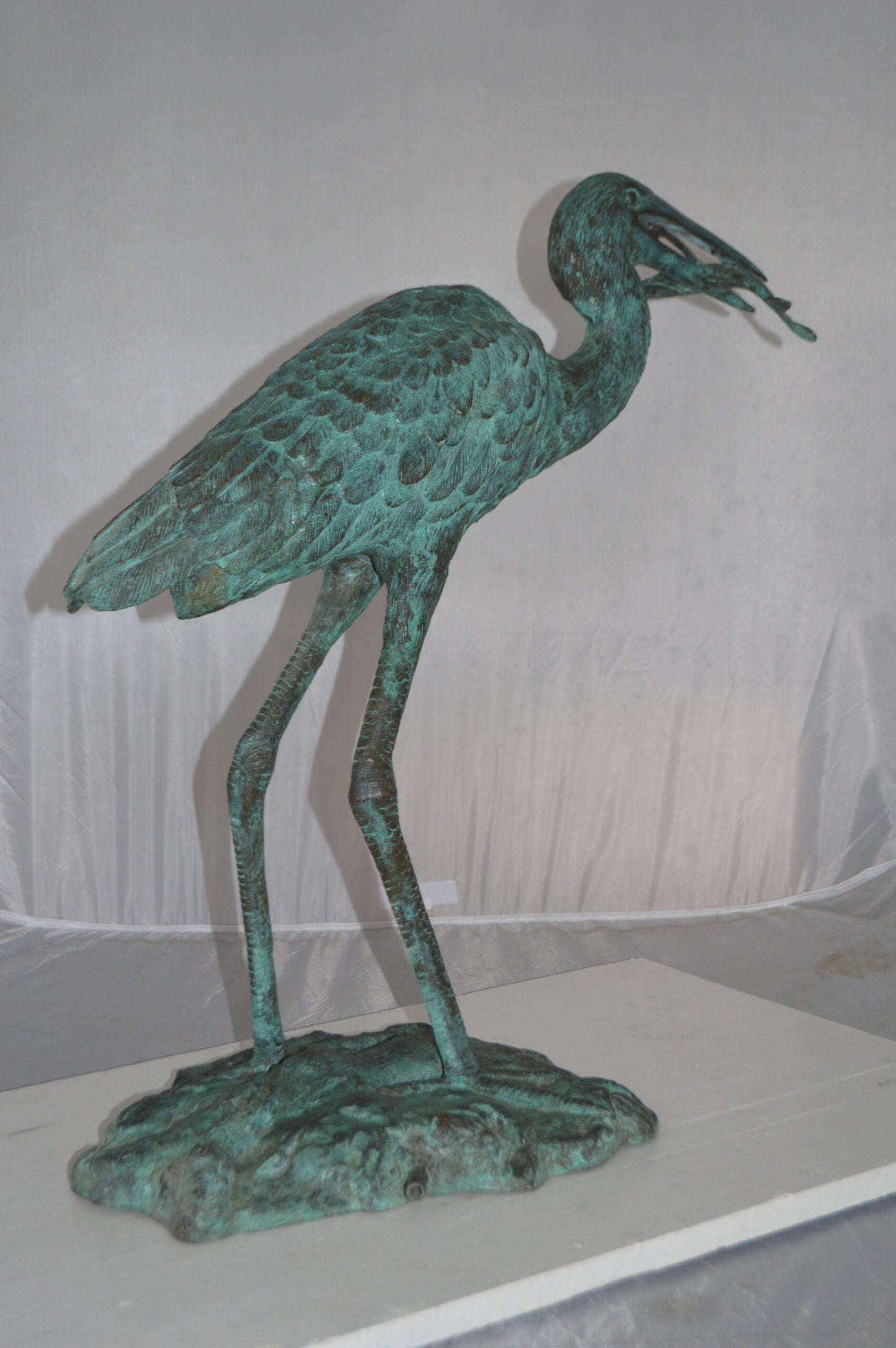 Heron Fountain with Prey Bronze Statue -  Size: 14"L x 24"W x 26"H.