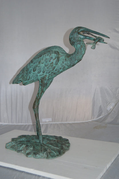 Heron Fountain with Prey Bronze Statue -  Size: 14"L x 24"W x 26"H.