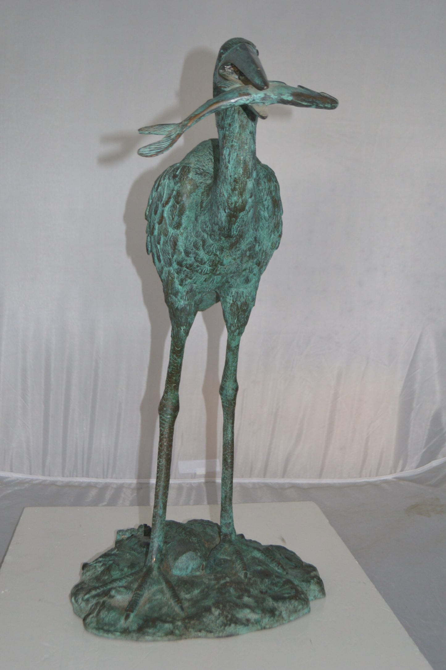 Heron Fountain with Prey Bronze Statue -  Size: 14"L x 24"W x 26"H.