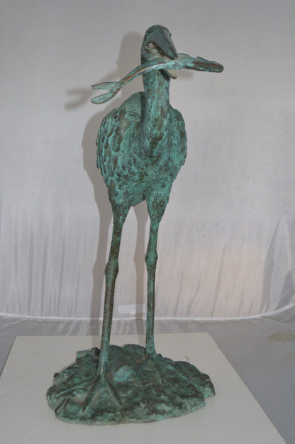 Heron Fountain with Prey Bronze Statue -  Size: 14"L x 24"W x 26"H.