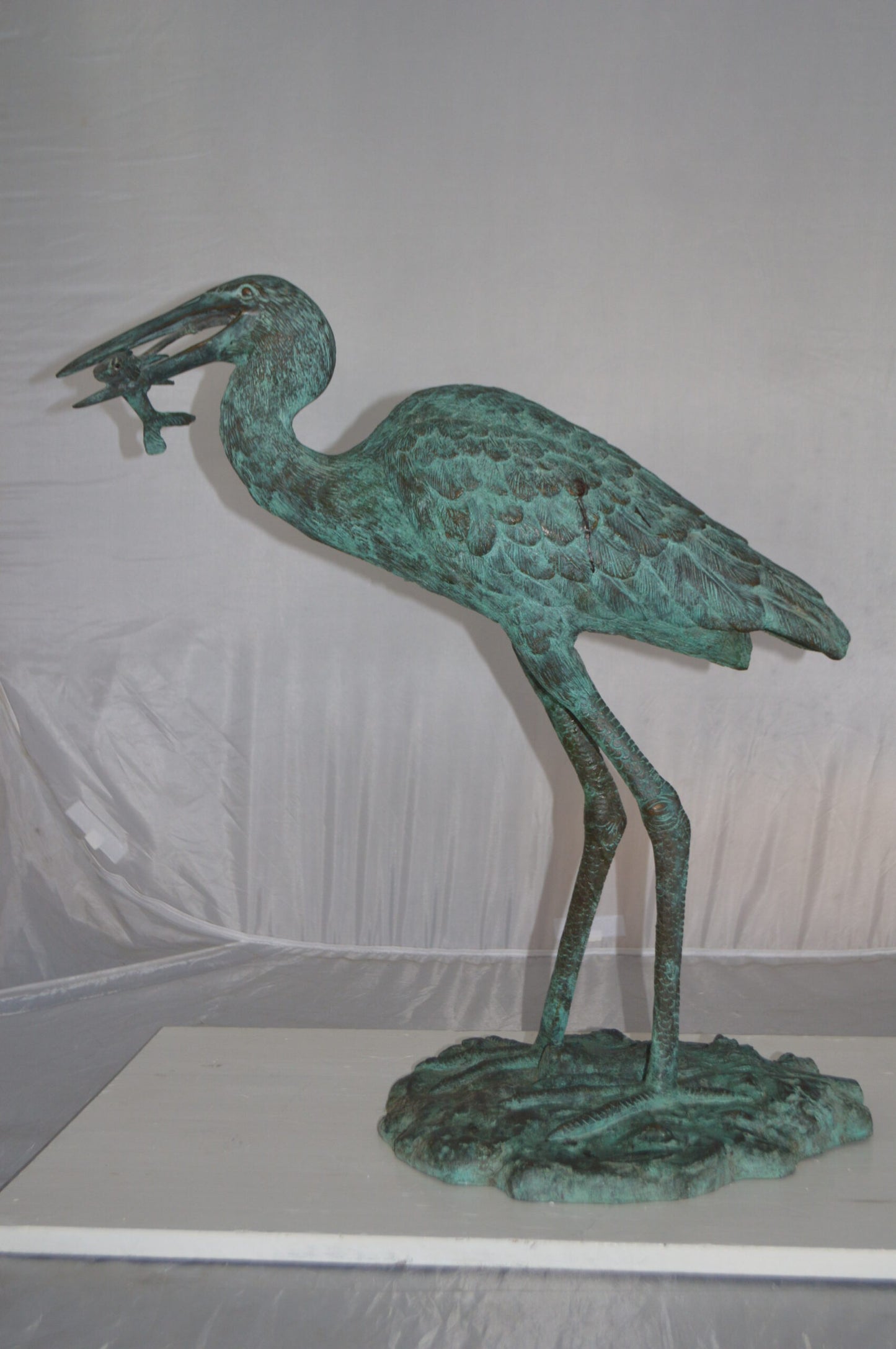 Heron Fountain with Prey Bronze Statue -  Size: 14"L x 24"W x 26"H.