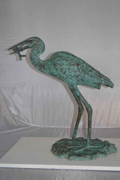 Heron Fountain with Prey Bronze Statue -  Size: 14"L x 24"W x 26"H.