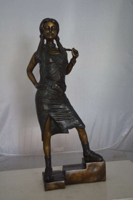 Girl Posing on Steps Bronze Statue -  Size: 7"L x 12"W x 33"H.