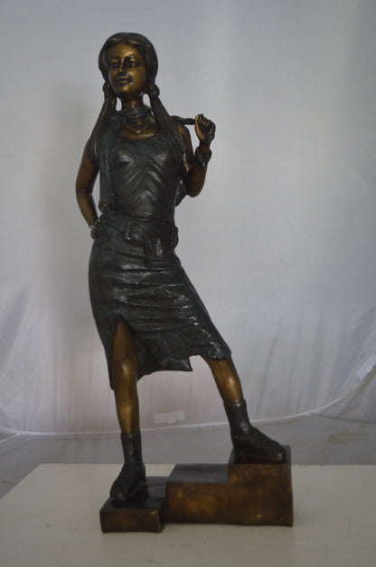 Girl Posing on Steps Bronze Statue -  Size: 7"L x 12"W x 33"H.