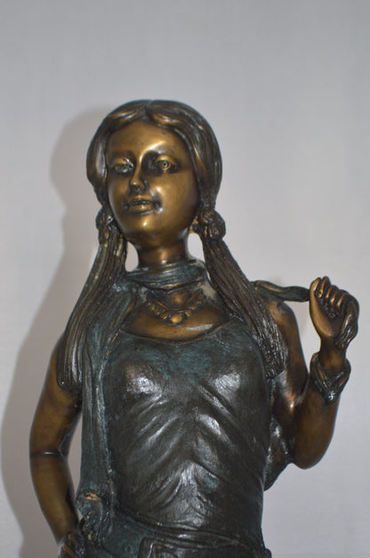 Girl Posing on Steps Bronze Statue -  Size: 7"L x 12"W x 33"H.