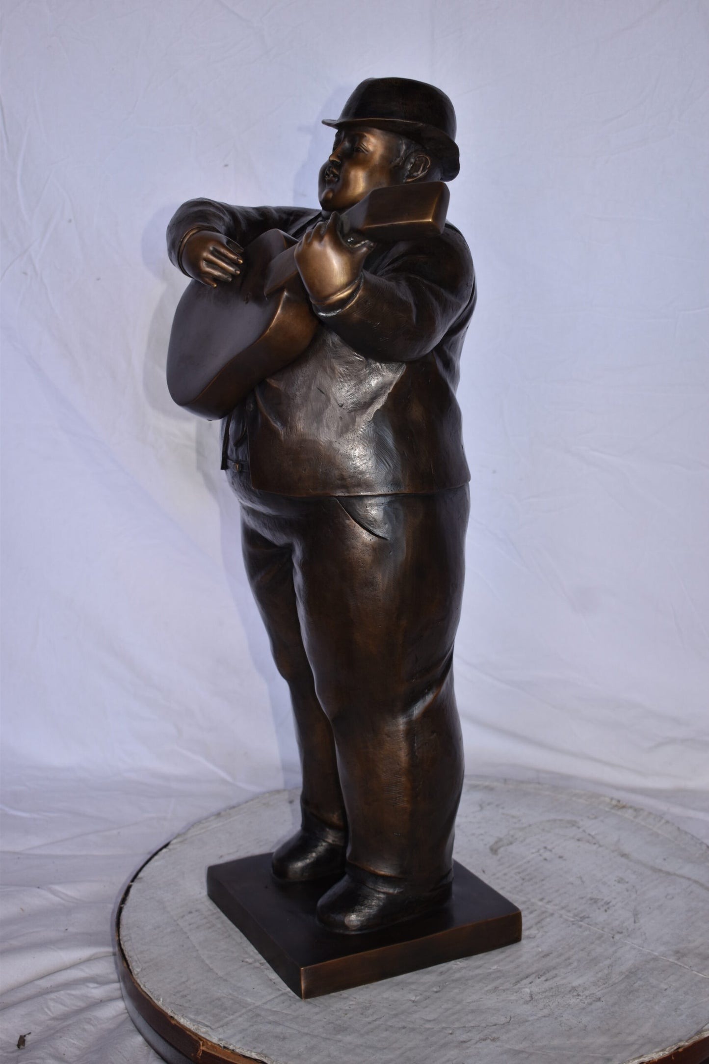 Man Playing  Guitar Fernando Botero Style Bronze Statue - 14" x 11" x 30"H.