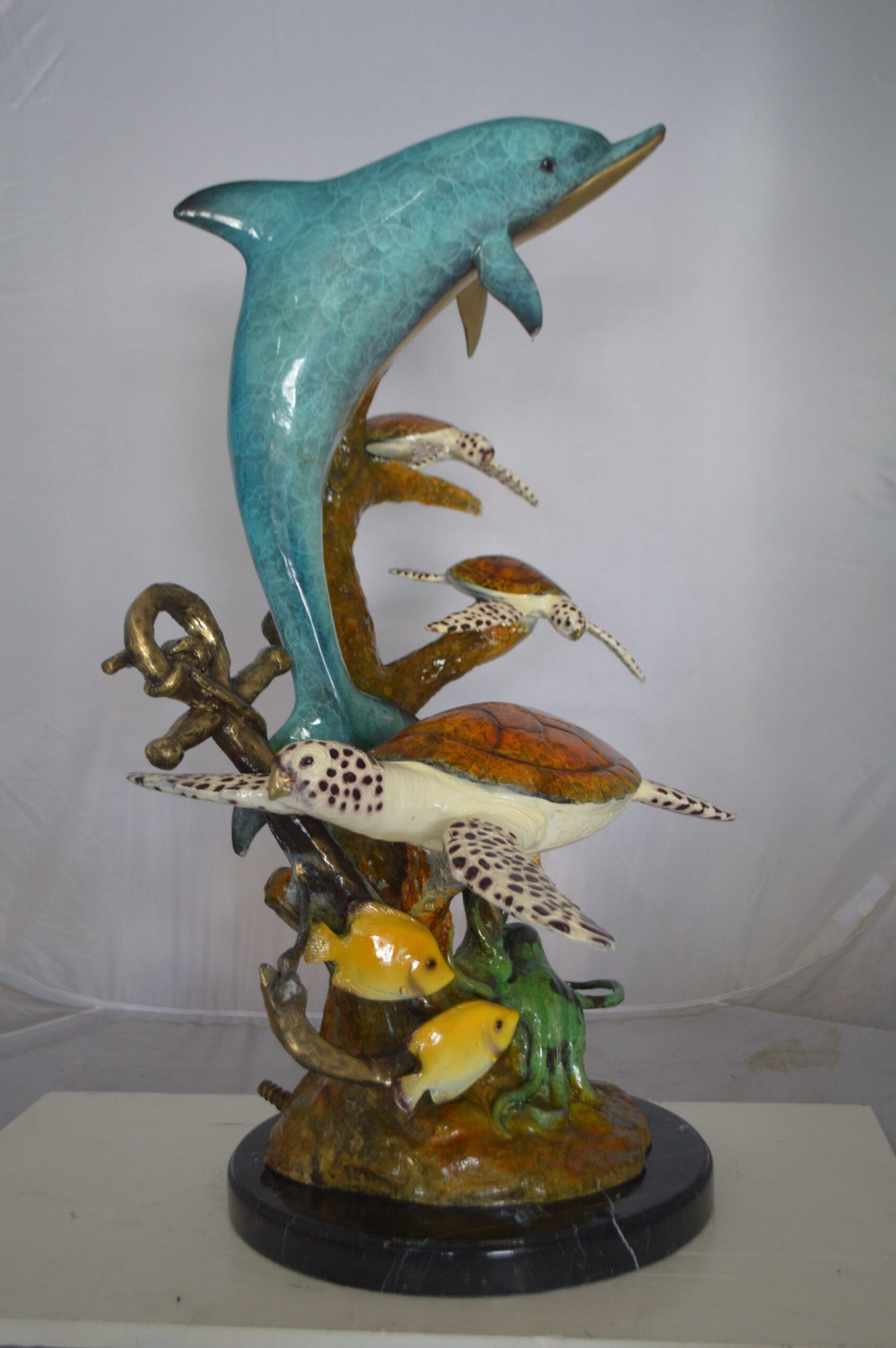 Dolphin medium with Turtles Fountain Bronze Statue -  Size: 24"L x 34"W x 36"H.