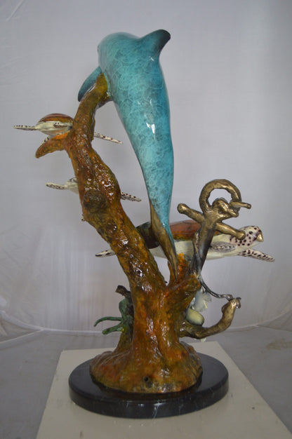 Dolphin medium with Turtles Fountain Bronze Statue -  Size: 24"L x 34"W x 36"H.