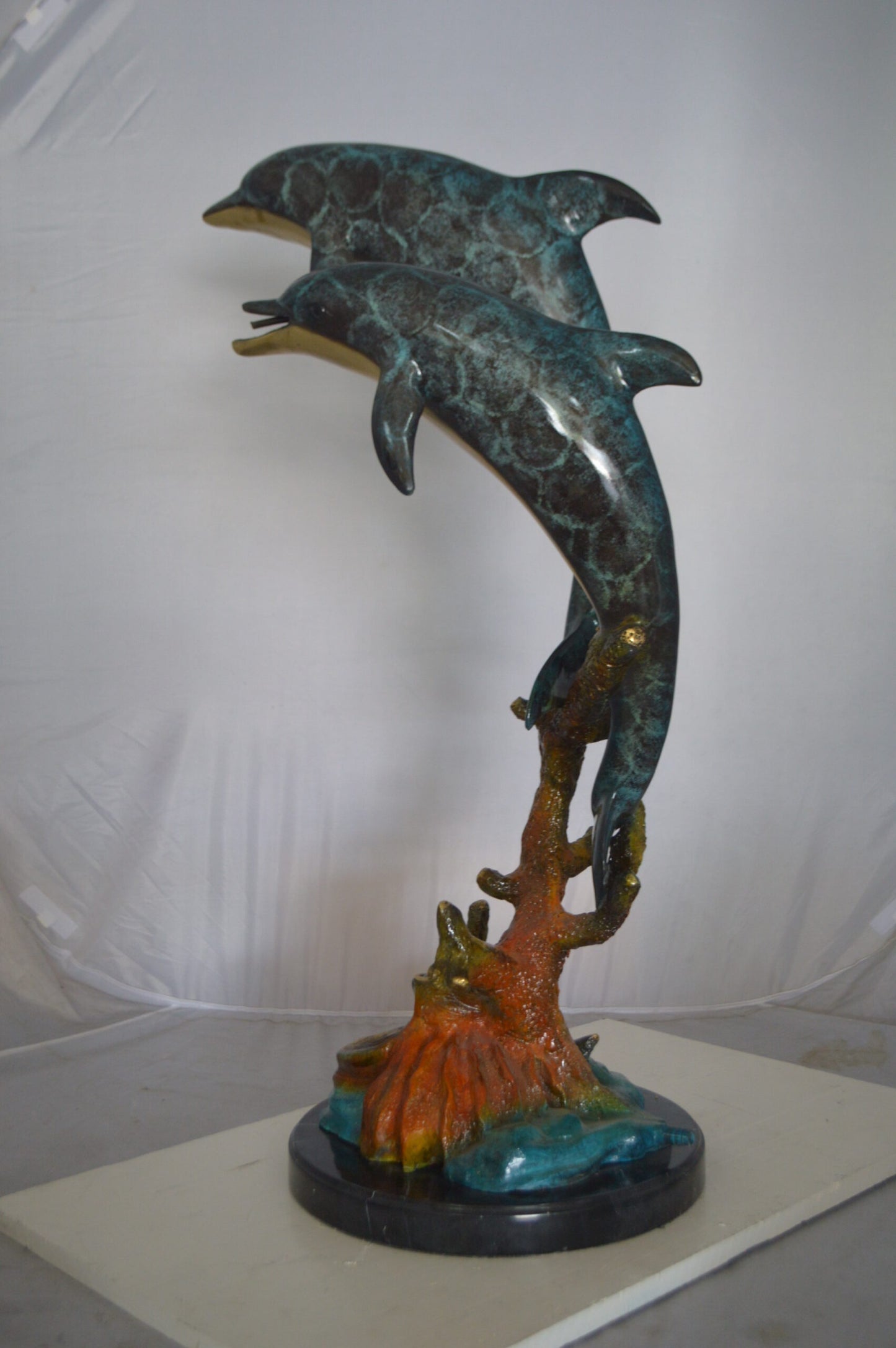 Two Dolphins fountain Bronze Statue on a marble -  Size: 19"L x 15"W x 36"H.