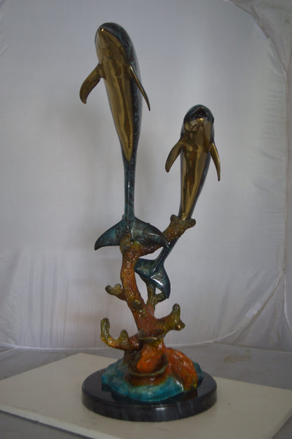 Two Dolphins fountain Bronze Statue on a marble -  Size: 19"L x 15"W x 36"H.