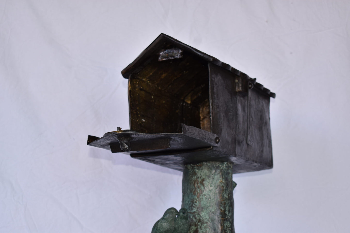 A Boy Standing by His Mailbox Looking at Birds Bronze Statue  25" x 22" x 51"H.